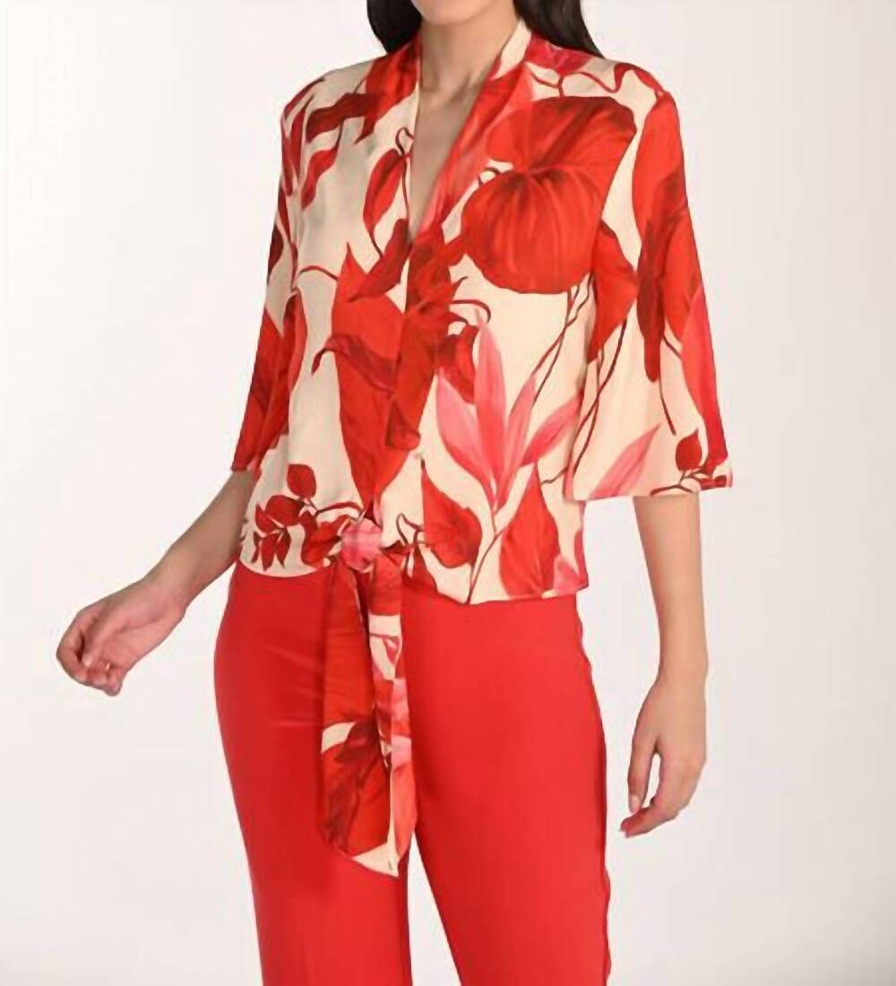 NEW FRANK LYMAN floral v-neck tie top in beige/lust